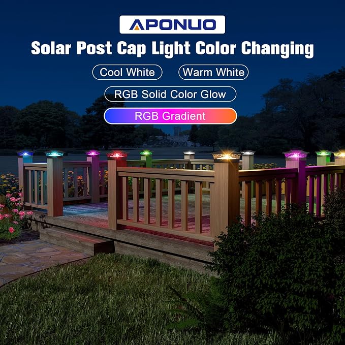 APONUO Solar Post Cap Lights with 8 RGB Solid Colors & Multicolor Flow - 8 Pack 6x6 Post Cap Solar Light, IP65 Waterproof - Fits 4x4 5x5 6x6 Wood & Vinyl Posts - Black
