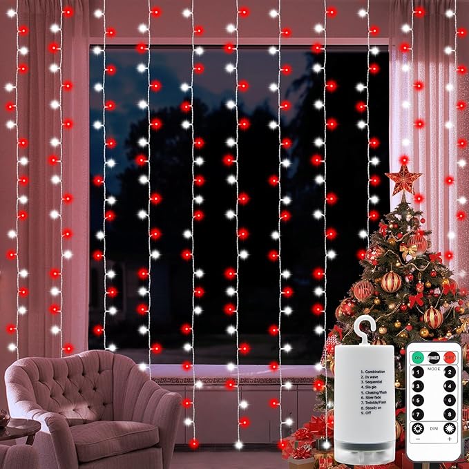 Christmas Battery Curtain Lights Red White with Remote Timer 9.8×9.8ft
