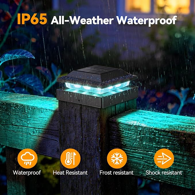 12 Pack Solar Post Cap Lights RGB Color Changing, IP65 Waterproof for 4x4 Wood/Vinyl Posts, Auto On/Off Fence Posts Solars Light for Deck Patio Garden Decoration, Black