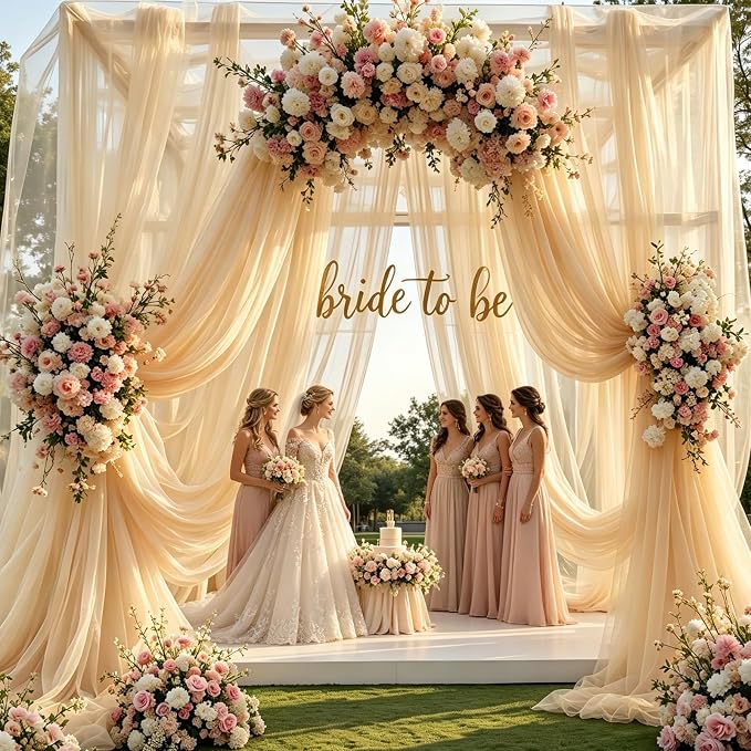 Champagne Tulle Backdrop Curtains with Lights String for Parties - 10×10Ft Sheer Backdrop Curtains with Lights for Wedding, Baby Shower, Birthday Party, Photo Shoot Background Decoration