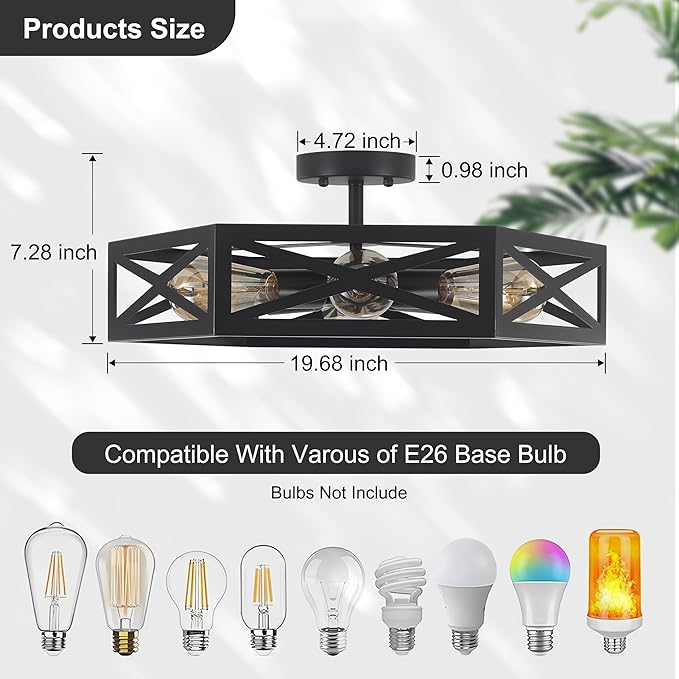 19.6" Black Rustic Kitchen Lighting Fixtures Ceiling, Farmhouse Foyer Lighting Fixtures, Large Black Semi Flush Mount Ceiling Light Fixture, Industrial Rustic Light Fixtures for Hallway Living Room