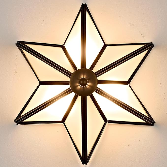 LIGHTLAND 11.8 Inch Flush Mount Star Ceiling Light, 3 Lights Brass Ceiling Lamp with Glass Lampshade, Art Deco Close to Ceiling Light Fixtures for Entryway Hallway Porch, Bronze Color