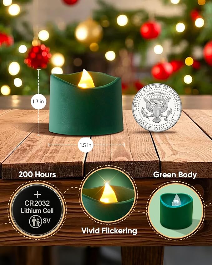 Raycare Green Battery Operated Tea Lights, 200+Hour Electric Flickering Flameless Candles, Realistic Votive LED Tea Lights for for St. Patrick's Day Theme Party Halloween Christmas Decorations,12Pcs