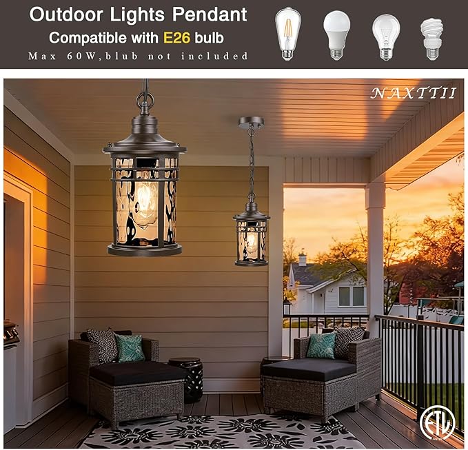 Outdoor Hanging Lantern Light Dusk to Dawn Hanging Porch Light Anti-Rust Aluminum Outdoor Chandelier for Front Door Gazebo E26 Socket Oil Rubbed Bronze Finish