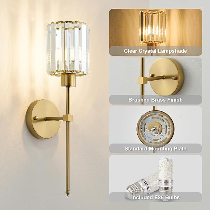 KARTOOSH Hardwired Crystal Wall Sconces Set of Two - Dimmable Wall Light Fixtures 3000K, Warm White, for Hallway, Bathroom, Living Room, Bedroom, Brass, 20.1 Inch