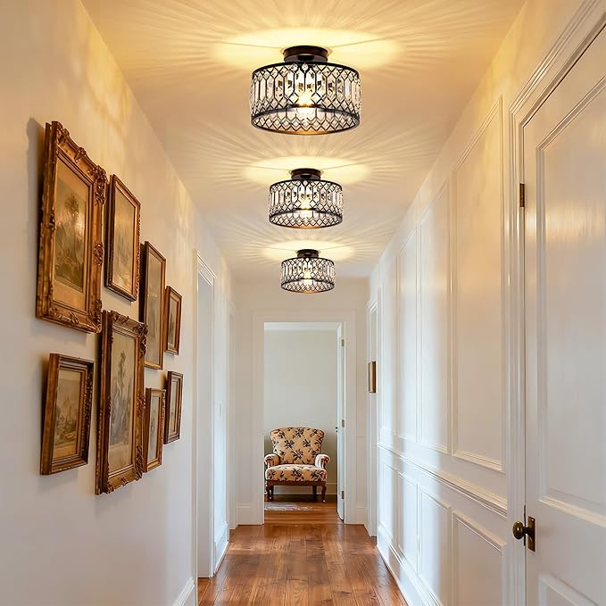 Mayful Modern Crystal Ceiling Light,Black Seim Flush Mount Lighting Fixtures,Round Hallway Light Fixtures for Entryway Bedroom Kitchen Laundry Room,11 Inch