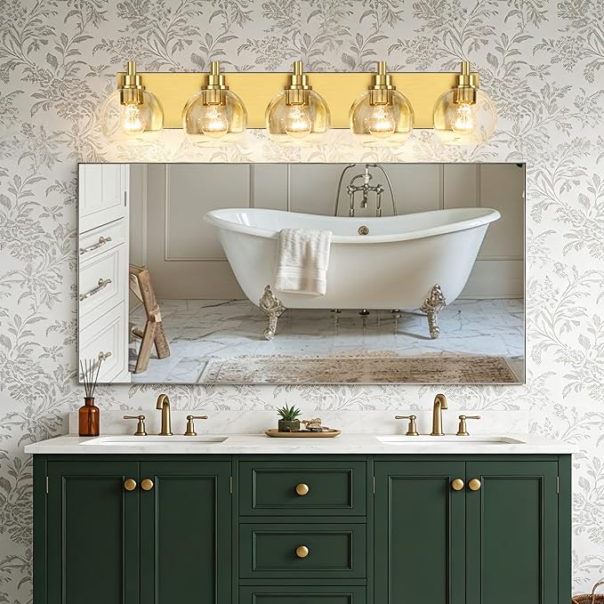 IZORRO Bathroom Light Fixtures, 5 Light Brushed Gold Vanity Light, Modern Wall Sconces with Globe Clear Glass Shade, Vanity Lighting Fixtures Over Mirror,E26 Bulb Socket