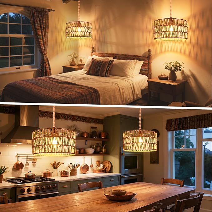 Maliralt Hanging Lamps Rattan Pendant Light Hanging Lights 16.4ft Plug in Cord Pendant Light Fixture Plug Into Wall Outlet Pendant Lighting with On Off Switch for Bedroom Living (Cylindrical Shade)