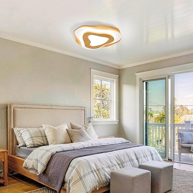 Littleglovo 15.7" Modern Flush Mount LED Chandelier for Dining Room, Natural Wood Petal Energy Chandeliers Ceiling Light for Entryway Bedroom Foyer Kitchen Living Room Bathroom
