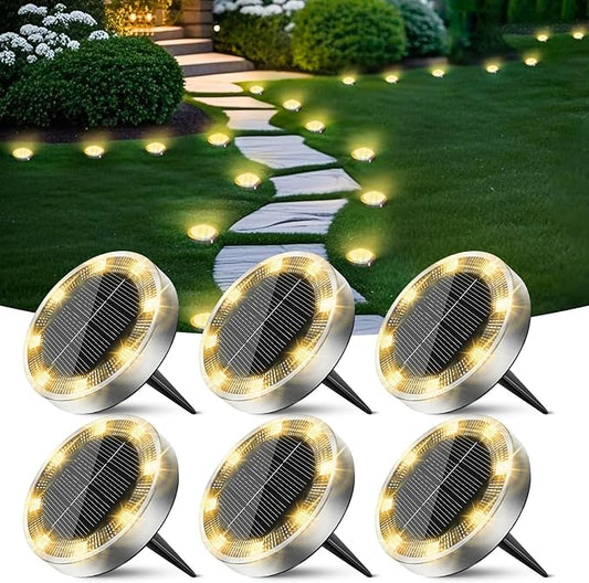 Peasur Solar Ground Lights Outdoor, 6 Pack Flat Solar Powered Disc Lights, IP68 Waterproof, Anti-Rust, Landscape Lighting for Pathway Garden Yard Lawn Walkway Landscape Driveway, Mini, Warm White