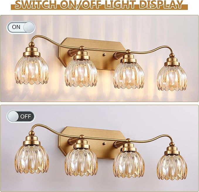 Vintage Bathroom Light Fixtures, 4 Light Gold Bathroom Vanity Light, Matte Antique Brass Finish with Amber Crystal Glass Shade, Wall Sconces Lighting for Bedroom, Living Room（Amber-colored Glass）