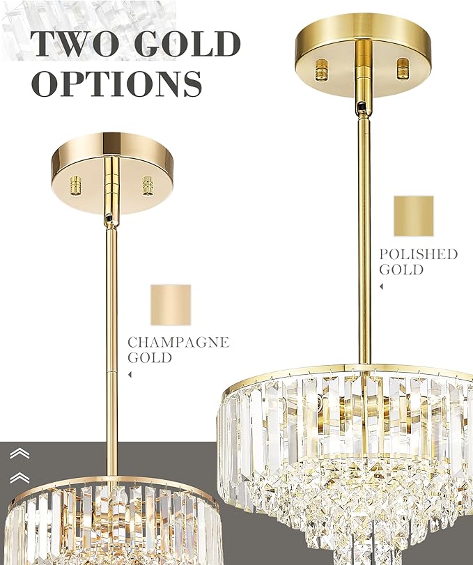 15'' Gold Chandelier, 5-Tier Crystal Chandelier, Modern Pendant Light for Dining Room Kitchen Island Bedroom Entryway, CC4215-5W-PG