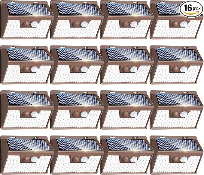Peasur Brown Solar Lights Outdoor Motion Sensor 16 Pack, Ultra-Bright 3 Mode 140LED Fence Security Light Waterproof, Solar Wall Lighting for Patio Yard Step House Outside Cool White