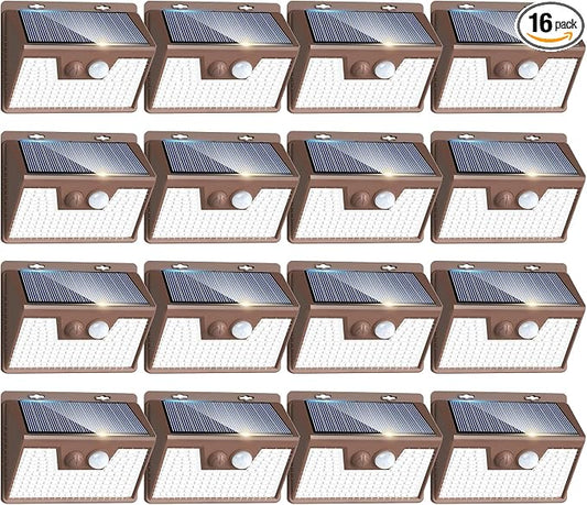 Peasur Brown Solar Lights Outdoor Motion Sensor 16 Pack, Ultra-Bright 3 Mode 140LED Fence Security Light Waterproof, Solar Wall Lighting for Patio Yard Step House Outside Cool White
