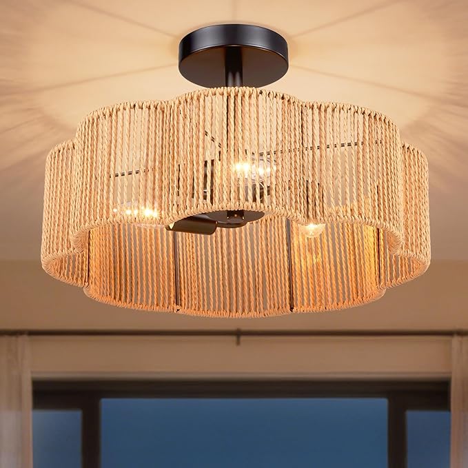 Hamilyeah 16 Inch Boho Semi Flush Mount Ceiling Light, Woven Scalloped Shade Ceiling Fixture with 3-Light E12 Base, Black Decorative Ceiling Light for Bedroom, Entryway, Kitchen, Hallway