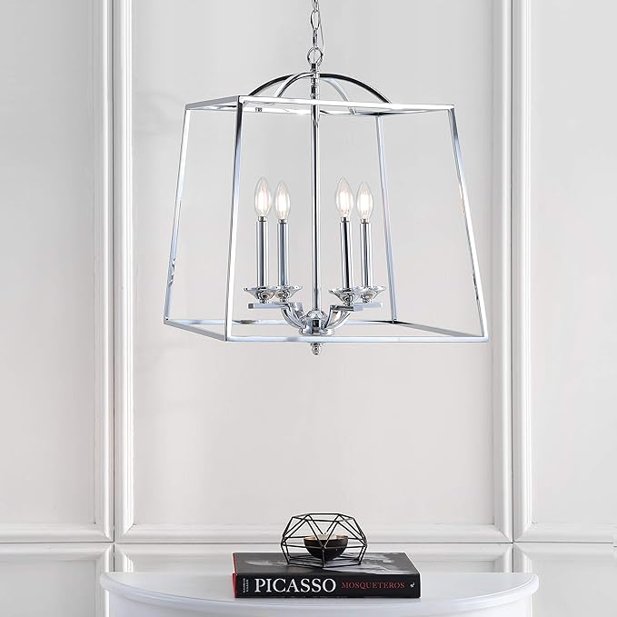 JONATHAN Y 19" Chrome 4-Light Metal Lantern Pendant Light, Adjustable LED Hanging Ceiling Fixture for Kitchen Island, Foyer, Entryway and Dining Room, ETL Listed (JYL7411A)