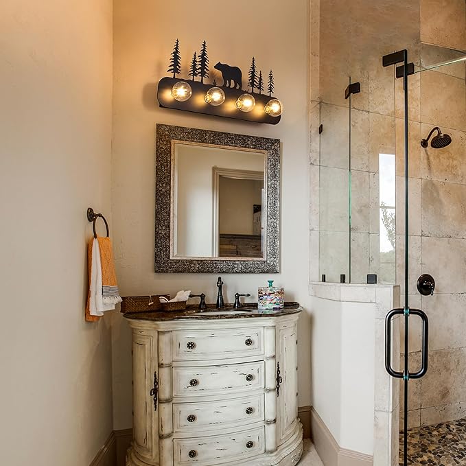 TOCHIC Rustic Bathroom Light Fixtures, 4 Lights Farmhouse Bathroom Vanity Light Over Mirror Dimmable, Western Bear Sconces Wall Lighting for Mirror Cabinets, Powder Room, Living Room, Black, 26”L