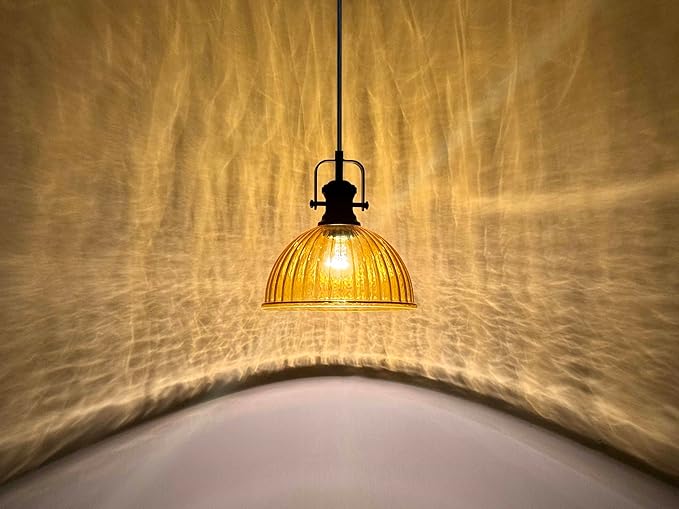 Leading Lighting 1 Light Pendant Light Hanging Modern Farmhouse Indoor Fixture 10" Yellow Textured Glass Black Finish Dinning Over Sink Kitchen Island