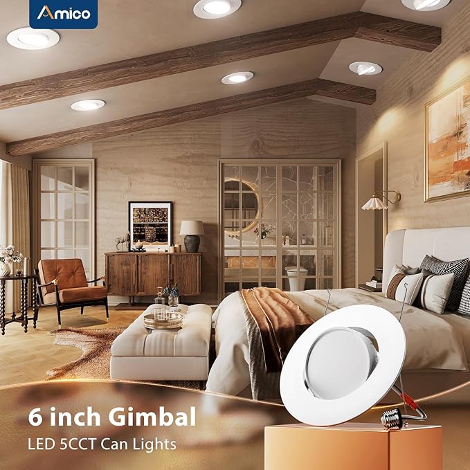 Amico 5/6 Inch Retrofit Eyeball Gimbal Can Lights 6 Pack, Metal Trim, 5CCT LED Recessed Lights Directional Angled Trim Adjustable Ceiling Downlight, 16W=150W, 1500 LM- ETL&FCC