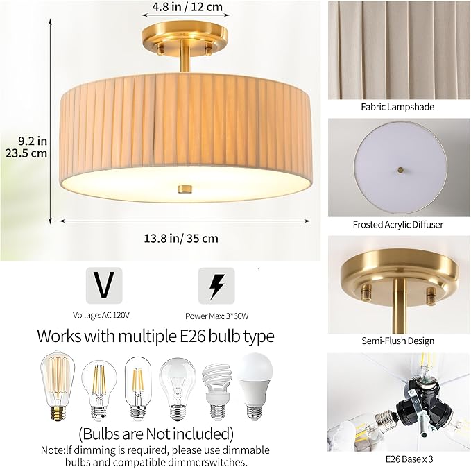 13.8 Inch Semi Flush Mount Ceiling Light Fixture, 3-Light Modern Farmhouse Drum Pendant with Fabric Shade for Bedroom Hallway Entryway Living Room (Oatmeal Pinch Pleated+Brushed Bronze)