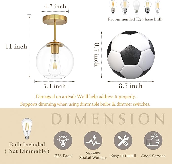 Gold Semi Flush Mount Ceiling Light Fixture with Clear Glass Light Fixture Mid Century Light Fixtures Gold Semi Flush Ceiling Light Fixtures for Dining Room Kitchen Island (Bulb Incl)