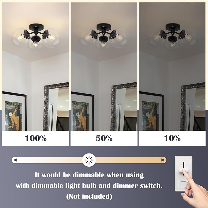 3-Light Modern Black Semi Flush Mount Ceiling Light Clear Glass Globe Ceiling Lights Mid Century Black Chandelier 3 Light Sputnik Ceilings Lights Fixture for Bedroom Hallway Entryway