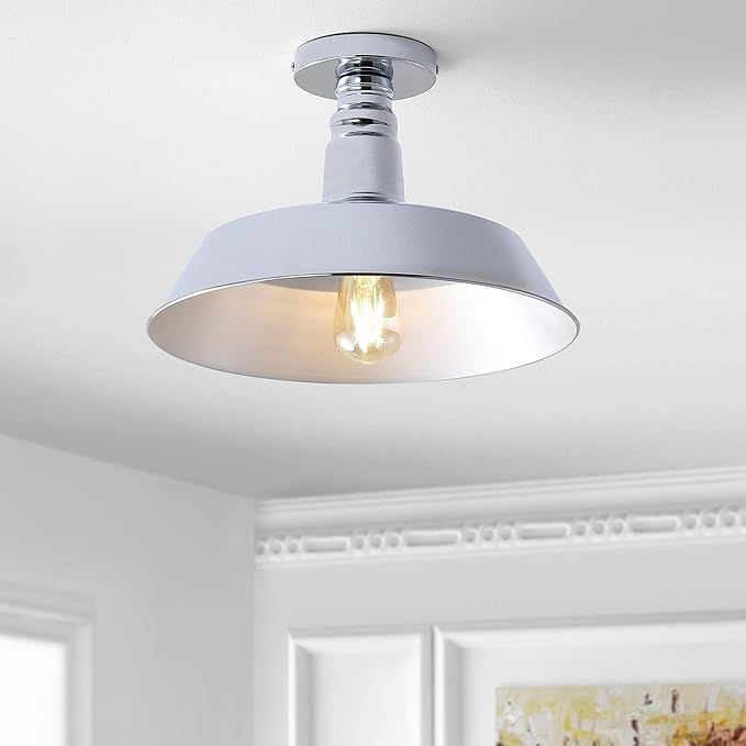JONATHAN Y 14" Chrome Industrial LED Semi Flush Mount Ceiling Light for Porch, Kitchen, Entryway, Modern Farmhouse Iron Fixture, White Metal Shade, LED Bulb Included (JYL9516B)