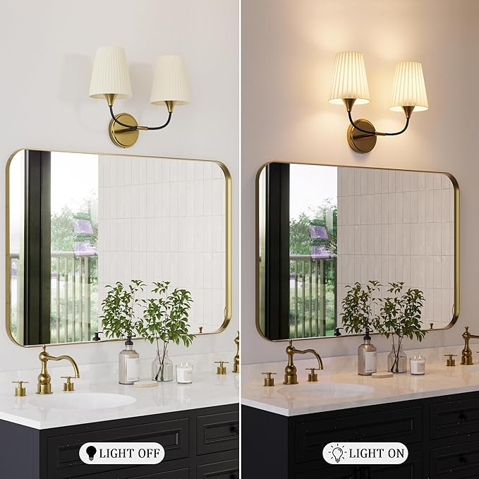 Bathroom Vanity Light with Fabric Shade, 2-Light Bathroom Vanity Light Over Mirror, Modern Light Fixtures for E26 Bulb, Flared Wall Lights for Bedroom, Hallway, Entryway (Black Gold)