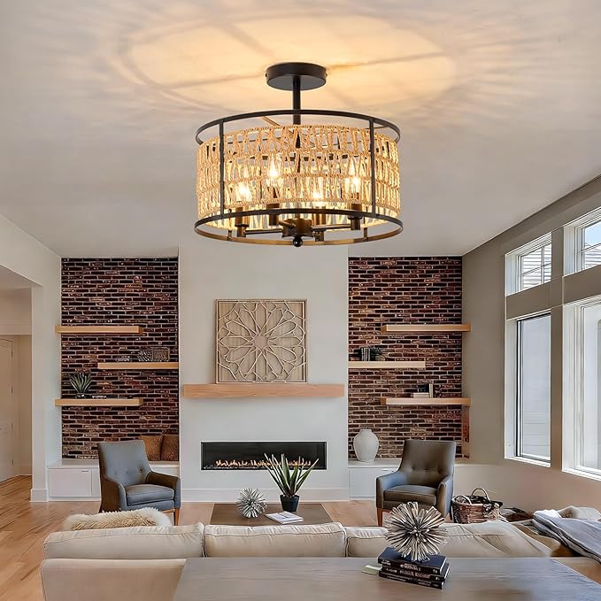 4 Light Rattan Ceiling Light Fixture 15inch Boho Semi Flush Mount Ceiling Light Black Hand-Woven Cage Wicker Chandelier for Dinning Room Living Room Bedroom Farmhouse Hallway Kitchen