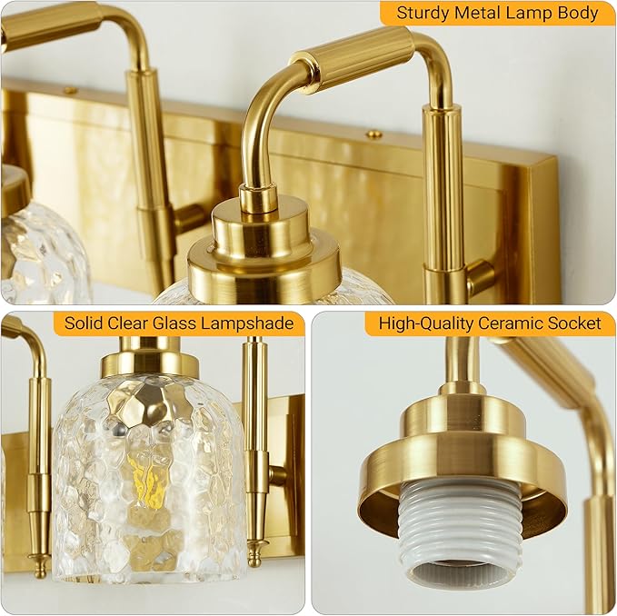 WJShome Modern Crystal Bathroom Vanity Light, 3-Light Gold Bathroom Light Fixtures, Vanity Lighting Fixtures Over Mirror with Clear Shades