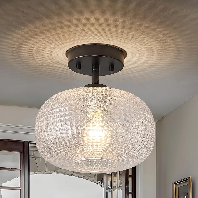 Modern Black Flush Mount Ceiling Light Fixtures,Hammered Globe Lighting Adjustable Hanging with Seeded Glass Lampshade for Entryway Bedroom Kitchen Hallway Laundry Room,E26 1-Light Lamp,9.84 In