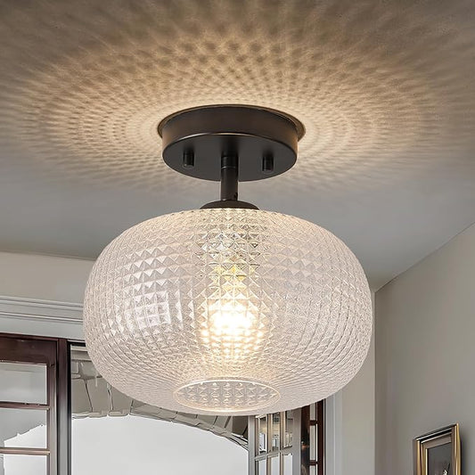 Modern Black Flush Mount Ceiling Light Fixtures,Hammered Globe Lighting Adjustable Hanging with Seeded Glass Lampshade for Entryway Bedroom Kitchen Hallway Laundry Room,E26 1-Light Lamp,9.84 In
