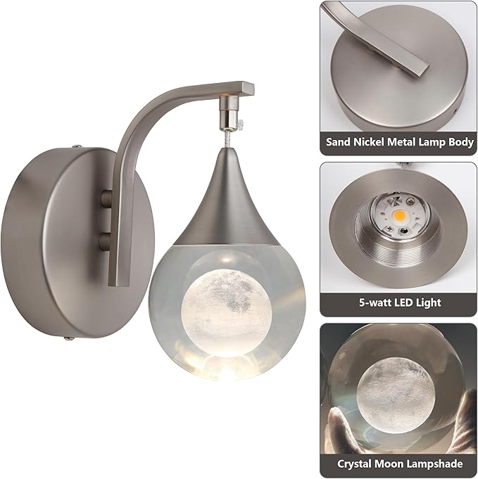 Sedelan Crystal Wall Sconce, Indoor LED Modern Wall Sconces, 5W Dimmable Moon Wall Light for Bedroom Bedside Bathroom Living Room Corridor, Sand Nickel