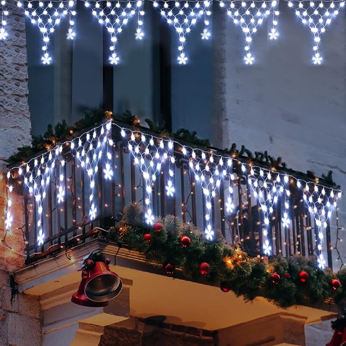 Ramadan Lights Outdoor Decorations 218 LED 13.8ft Star Curtain Fairy Lights with 12 Drops, Clear Wire LED String Light Decor with 8 Modes for Wedding Party Holiday Christmas Home Indoor Outdoor Decor