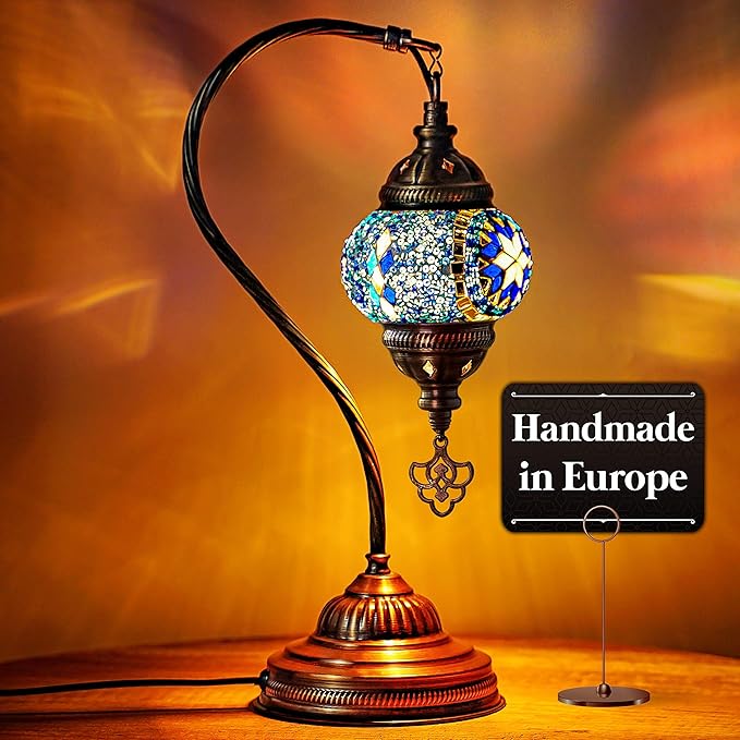 Turkish Mosaic Lamp, Blue Handmade Moroccon Lamp, Decorative Glass Antique Bohemian Vintage Colorful, Swan Neck Bedside Table Desk Lamp, (LED Bulb Included)