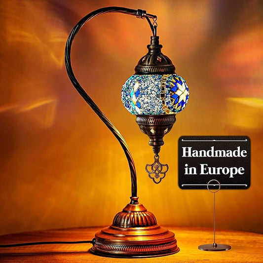 Turkish Mosaic Lamp, Blue Handmade Moroccon Lamp, Decorative Glass Antique Bohemian Vintage Colorful, Swan Neck Bedside Table Desk Lamp, (LED Bulb Included)