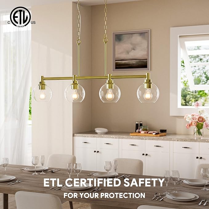 VONLUCE Dining Room Light Fixture Over Table, 4-Light Kitchen Island Lighting with Round Glass Shades & Adjustable Hanging Heights, Linear Chandlier for Dining Room Kitchen, Gold, ETL Certificated