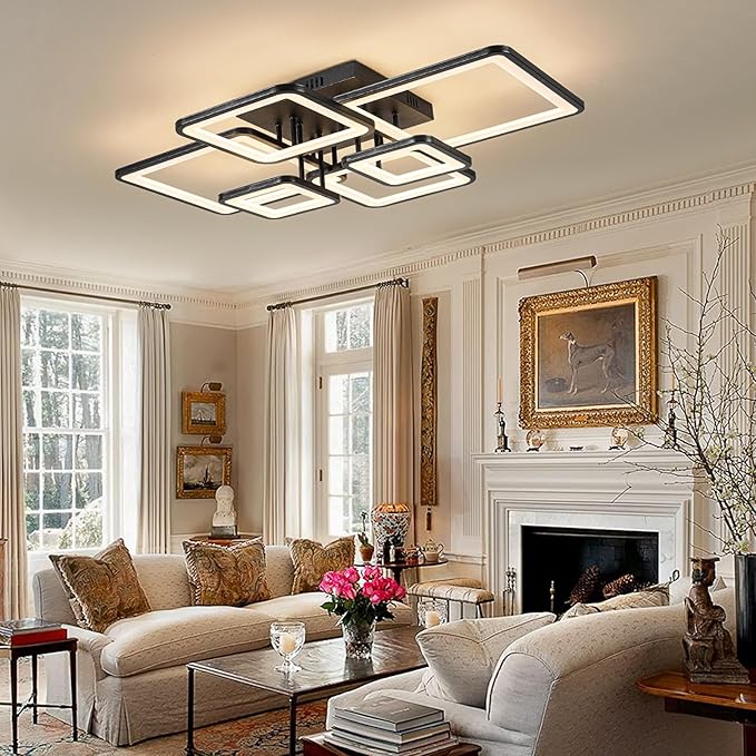 Shine LUEST Modern LED Ceiling Light Fixture Black Kitchen Lighting Fixtures Ceiling for Bedroom 31.5" Dimmable 6 Ring Square Ceiling Light for Kitchen with Remote Control for Living Room,Dining Room