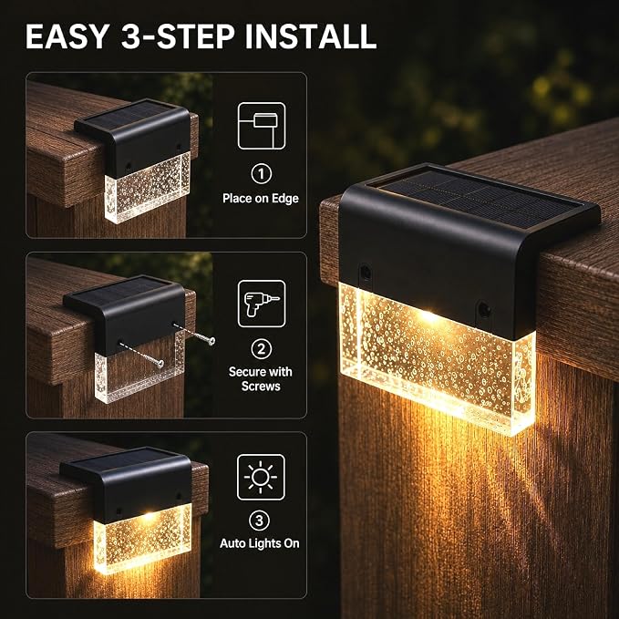 SUNFACE Solar Step Lights Outdoor 4 Pack, Solar Deck Fence Lights Waterproof, Bright LED Lights with 2 Lighting Modes Warm White & 7 Color, for Stairs Deck Patio Railing Backyard Pool