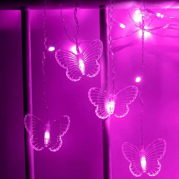 YOLIGHT Butterfly Curtain Lights, Pink Fairy Lights with Remote Timer, 8 Modes Twinkle LED for Girls' Room Dorm Garden Window Party Wedding Christmas Decor (Neon Pink), 13ft