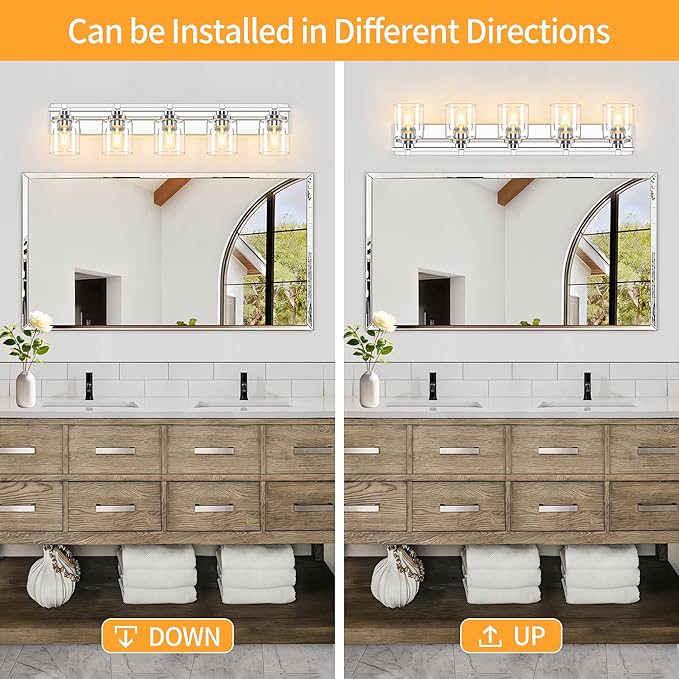 5 Light Modern Bathroom Light Fixtures Over Mirror, Chrome Vanity Lights for Bathroom Wall Sconces with Clear Glass Shades, E26 Socket (Bulbs Not Included)