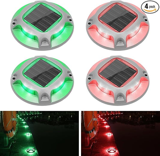 VOLISUN Christmas Solar Driveway Lights Dock Marine Lights 4 Pack,2 Colors in 1,Outdoor LED Deck Lights,Solar Powered Waterproof Warning Step Lights for Driveway Sidewalk Pathway (Red/Green)