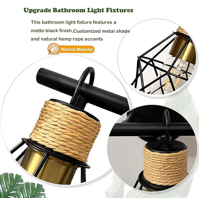 Farmhouse Bathroom Vanity Light Fixtures,3-Light Bathroom Light Fixtures,Sconces Wall Lighting Over Mirror, Black Vanity Lights with Metal Lampshade,Vintage Wall Light for Bedroom Hallway