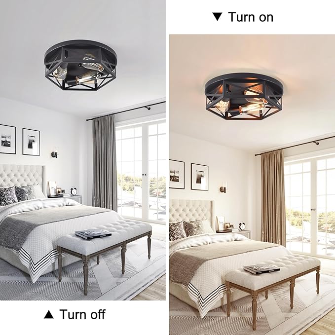 Black Flush Mount Ceiling Light,Hallway Light Ceiling Mount,Industrial Vintage Metal Cage Close to Ceiling Lights for Kitchen,Farmhouse,Bedroom