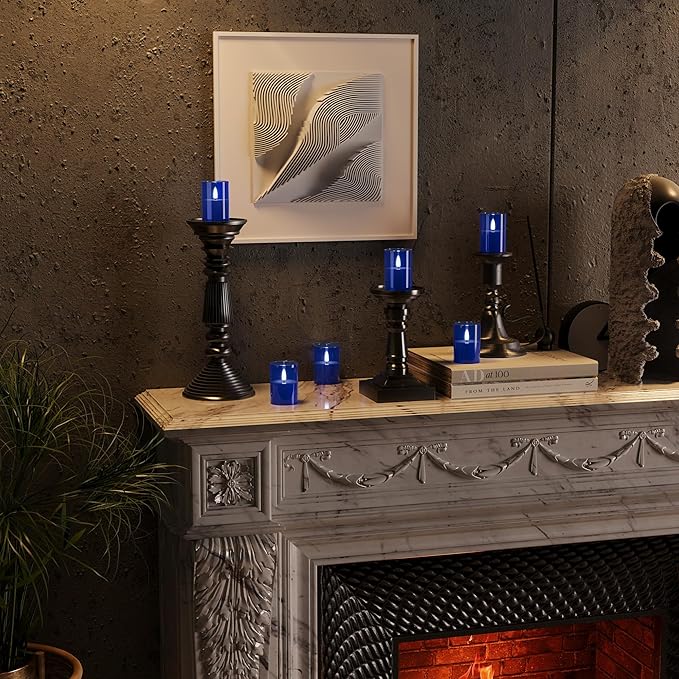 VIODAIM 12Pack Flickering Flameless LED Candles with Timer, Battery Powered - Small Pillar & Votive, Acrylic Made, Blue (2"X3")
