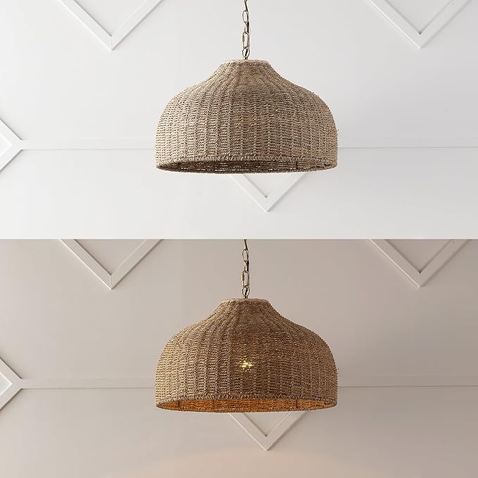 JONATHAN Y 20" Brown/Brass Gold 1-Light Rattan and Iron Dome Pendant Light, Adjustable Height Coastal Bohemian Hanging Lamp for Kitchen Island, LED Bulb Included JYL1133A