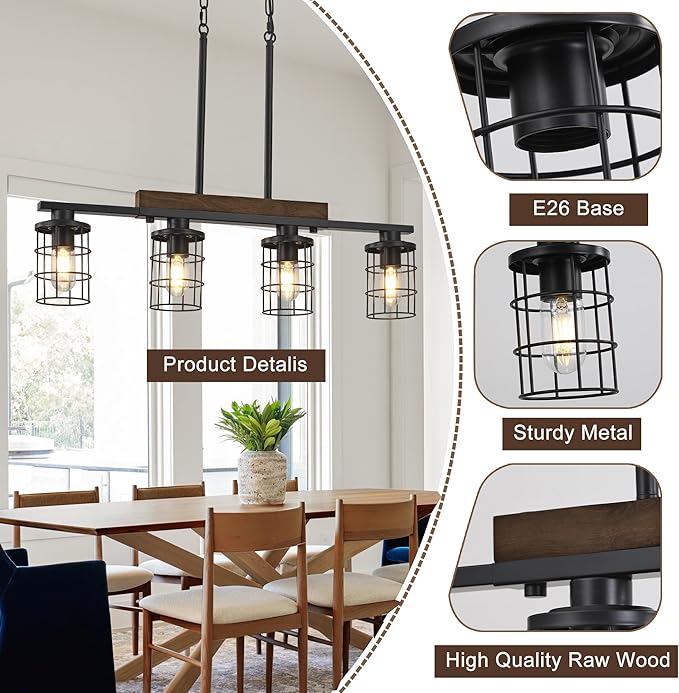 30" Farmhouse Kitchen Light Fixture, Black Hanging Kitchen Chandelier, 4-Light Rustic Dining Room Light Adjustable Height with Wood and Metal Frame, Suit for Farmhouse, Industrial Style