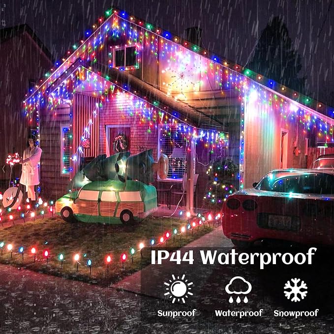 Icicle lights Outdoor - 66ft Christmas Lights with 640LED 120 Drops 8 Modes, Plug in Curtain String Lights Waterproof for Holiday Wedding Party Home Garden Bedroom Indoor Outdoor Decoration,Multicolor