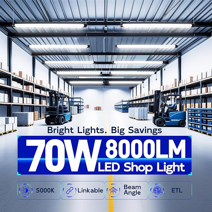 hykolity 4FT 70W LED Shop Light Linkable, 8000lm(300w Equivalent), 5000K Utility Shop Lights for Garages, Workshops, Basements, Hanging or FlushMount, with Power Cord and Pull Chain, ETL, 4 Pack
