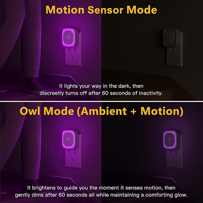 YUNLEX 2 Pack Plug in Night Light with Motion Sensor & Dusk to Dawn Sensor, 3 Sensor Modes, Purple Lights Plug into Wall, Dimmable Calming Glow for Meditation, Relaxation, Bathroom, as Mother Gifts
